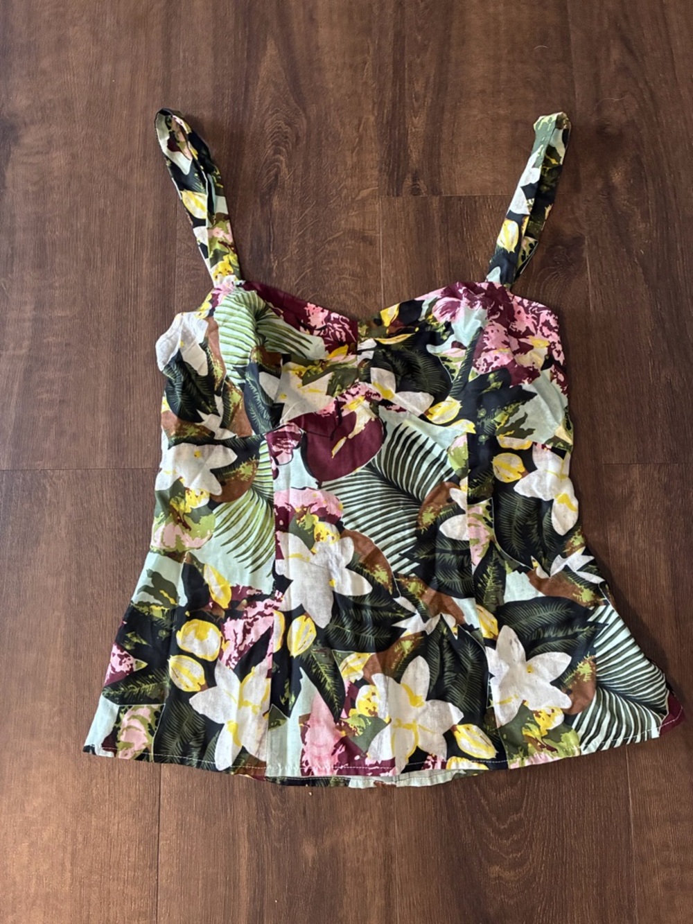 CAbi Floral Peplum Tank Top in White, Green, Yellow & Pink